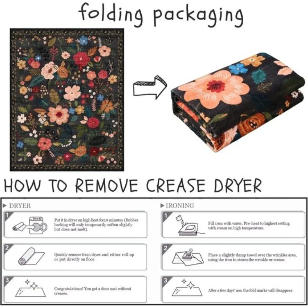 New 5x7 Black Area Rug, Washable Vintage Floral Non-Slip Carpet for Any Room